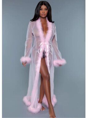 Be Wicked BW1650 Candy Pink Sheer Robe with Feather Trim